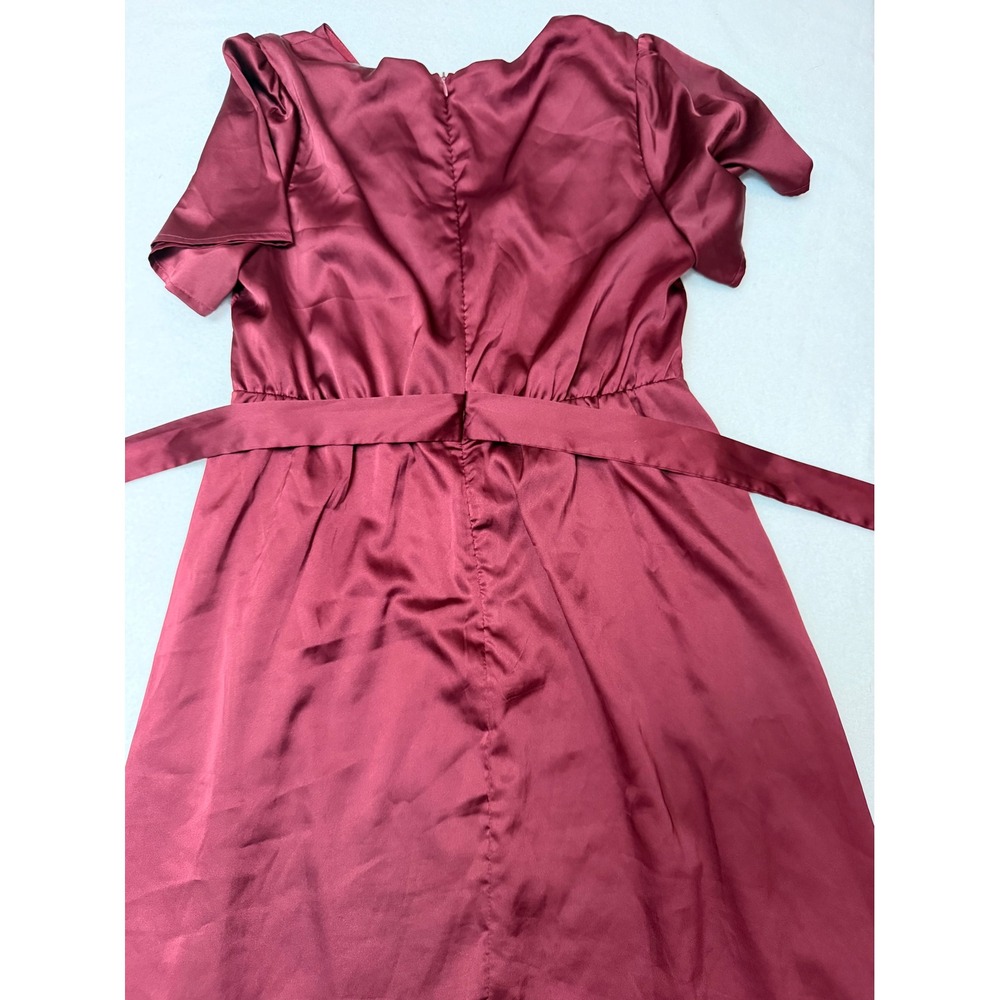 JessaKae Burgundy Satin Wrap Midi Dress Short Sleeve Wine PSD1917-J Small - Picture 8 of 9
